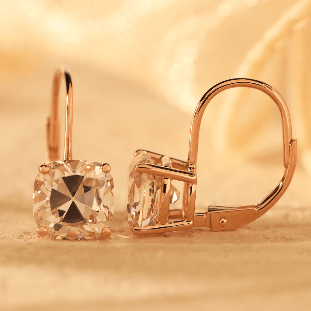 14K Yellow Gold 6 ct tw Old Mine Cut Lab Diamond 4 Round Prongs Basket Setting Hoop Earrings with Leverback - FIORESE JEWELRY