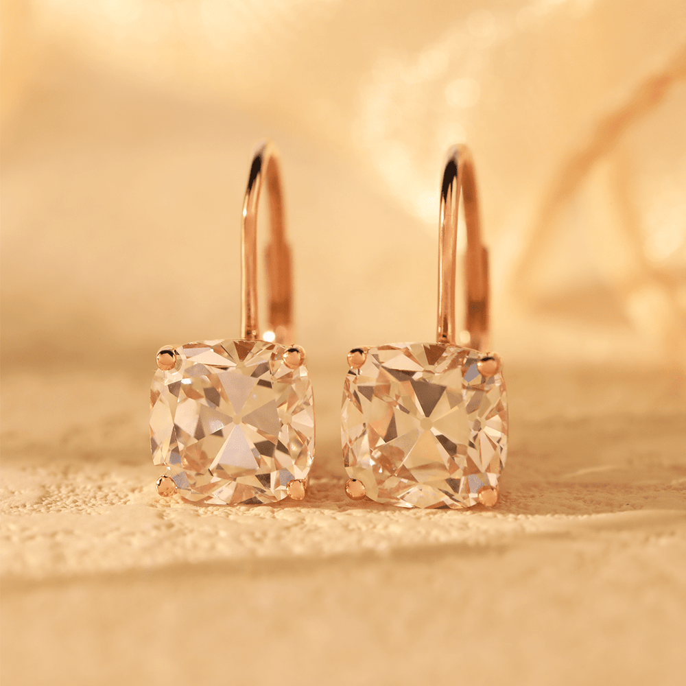 14K Yellow Gold 6 ct tw Old Mine Cut Lab Diamond 4 Round Prongs Basket Setting Hoop Earrings with Leverback - FIORESE JEWELRY