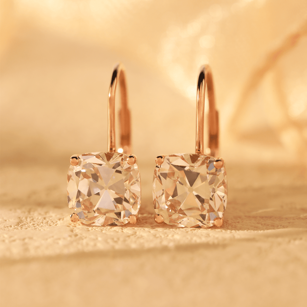 14K Yellow Gold 6 ct tw Old Mine Cut Lab Diamond 4 Round Prongs Basket Setting Hoop Earrings with Leverback - FIORESE JEWELRY