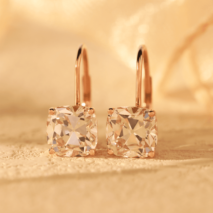 14K Yellow Gold 6 ct tw Old Mine Cut Lab Diamond 4 Round Prongs Basket Setting Hoop Earrings with Leverback - FIORESE JEWELRY