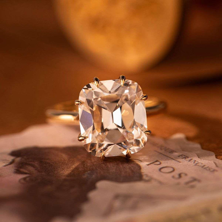 14k Yellow Gold 6.5 Carat Old Mine Cut Lab Diamond Prong Setting Vintage Solitaire Ring - FIORESE JEWELRY