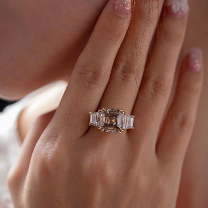 14K Yellow Gold 7.01ct Asscher Cut Brown Lab Diamond Double Claw Prongs Three - stone Ring with Two Trapezoid Step Cut Diamonds - FIORESE JEWELRY
