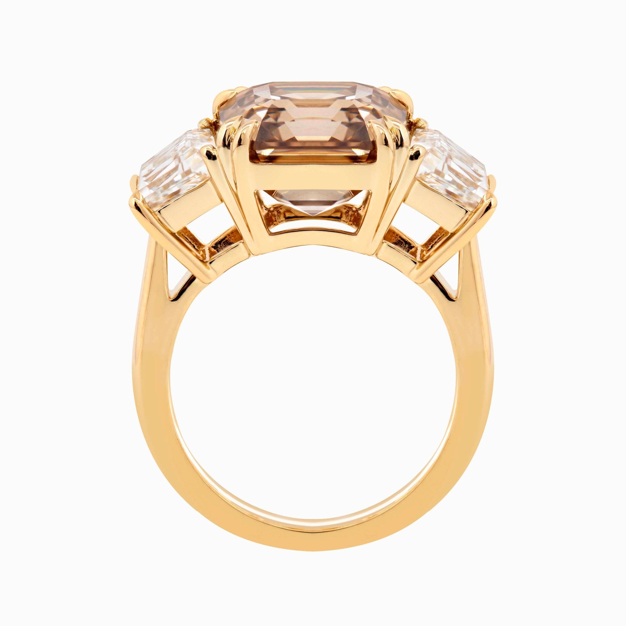 14K Yellow Gold 7.01ct Asscher Cut Brown Lab Diamond Double Claw Prongs Three-stone Ring with Two Trapezoid Step Cut Diamonds