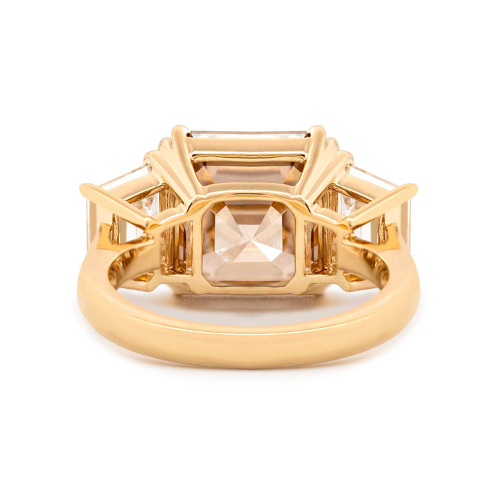 14K Yellow Gold 7.01ct Asscher Cut Brown Lab Diamond Double Claw Prongs Three - stone Ring with Two Trapezoid Step Cut Diamonds - FIORESE JEWELRY