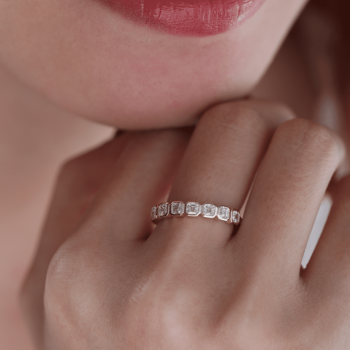 14K Yellow Gold Asscher Cut Lab Diamond 7 Stone Bezel Half Eternity Ring - FIORESE JEWELRY