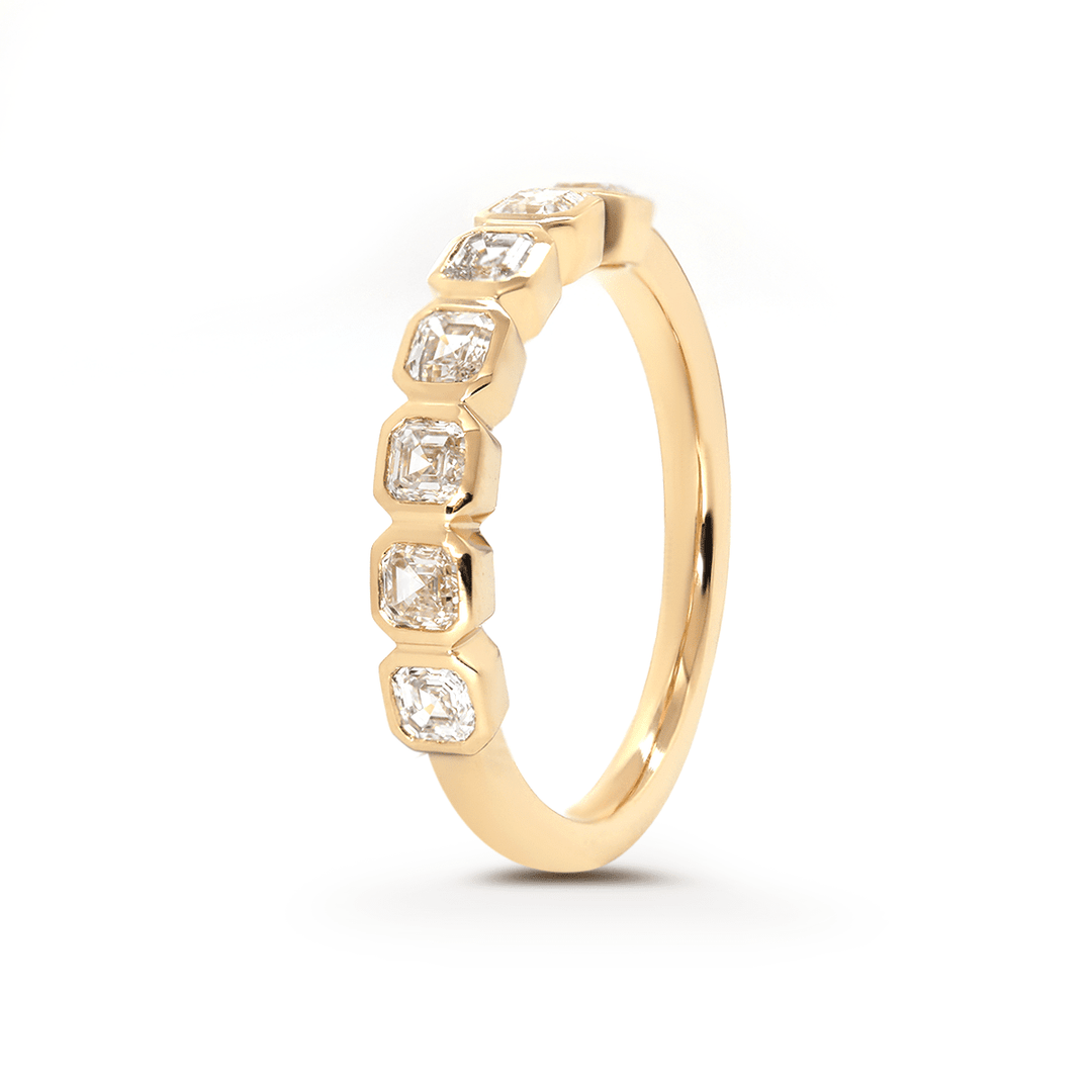 14K Yellow Gold Asscher Cut Lab Diamond 7 Stone Bezel Half Eternity Ring - FIORESE JEWELRY