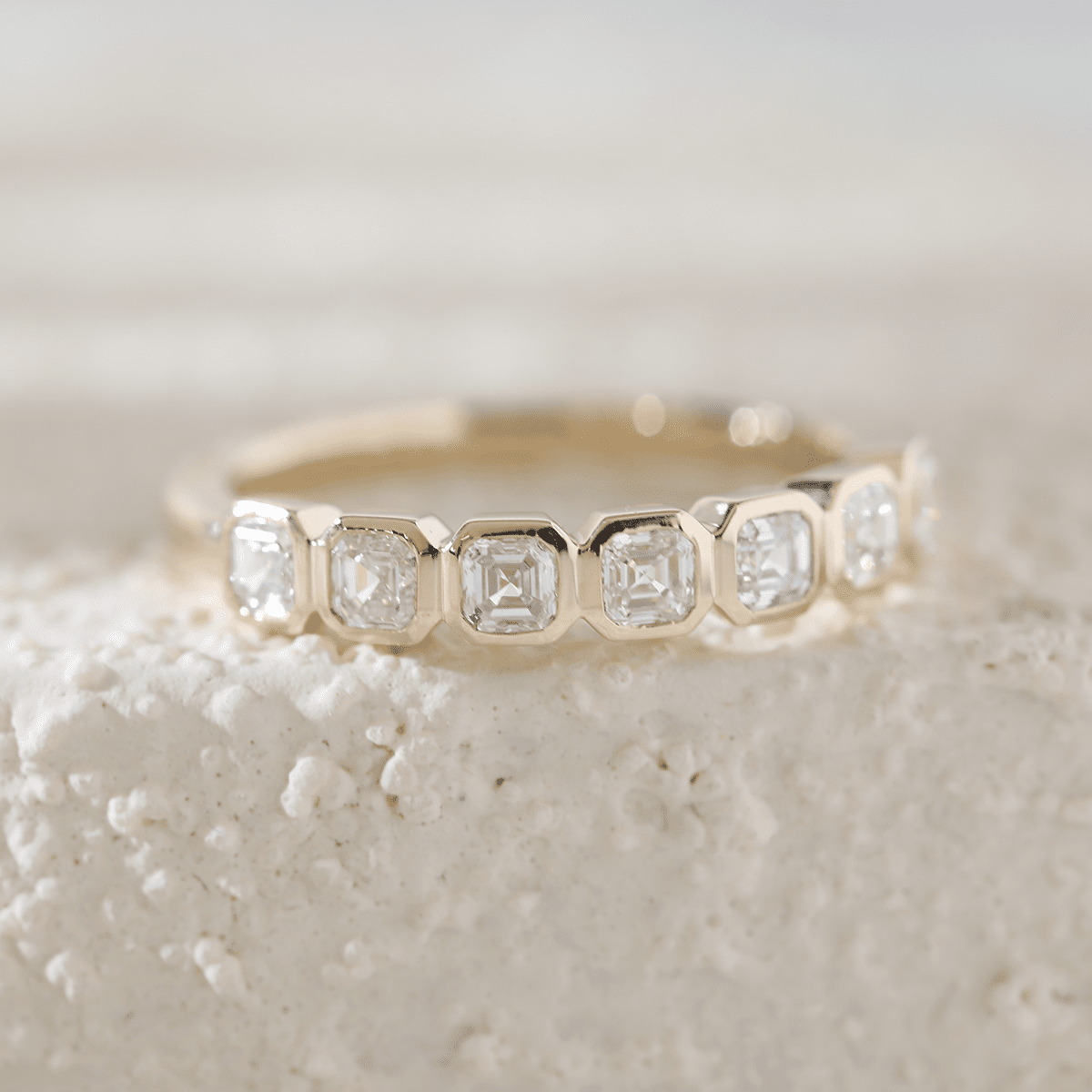 14K Yellow Gold Asscher Cut Lab Diamond 7 Stone Bezel Half Eternity Ring