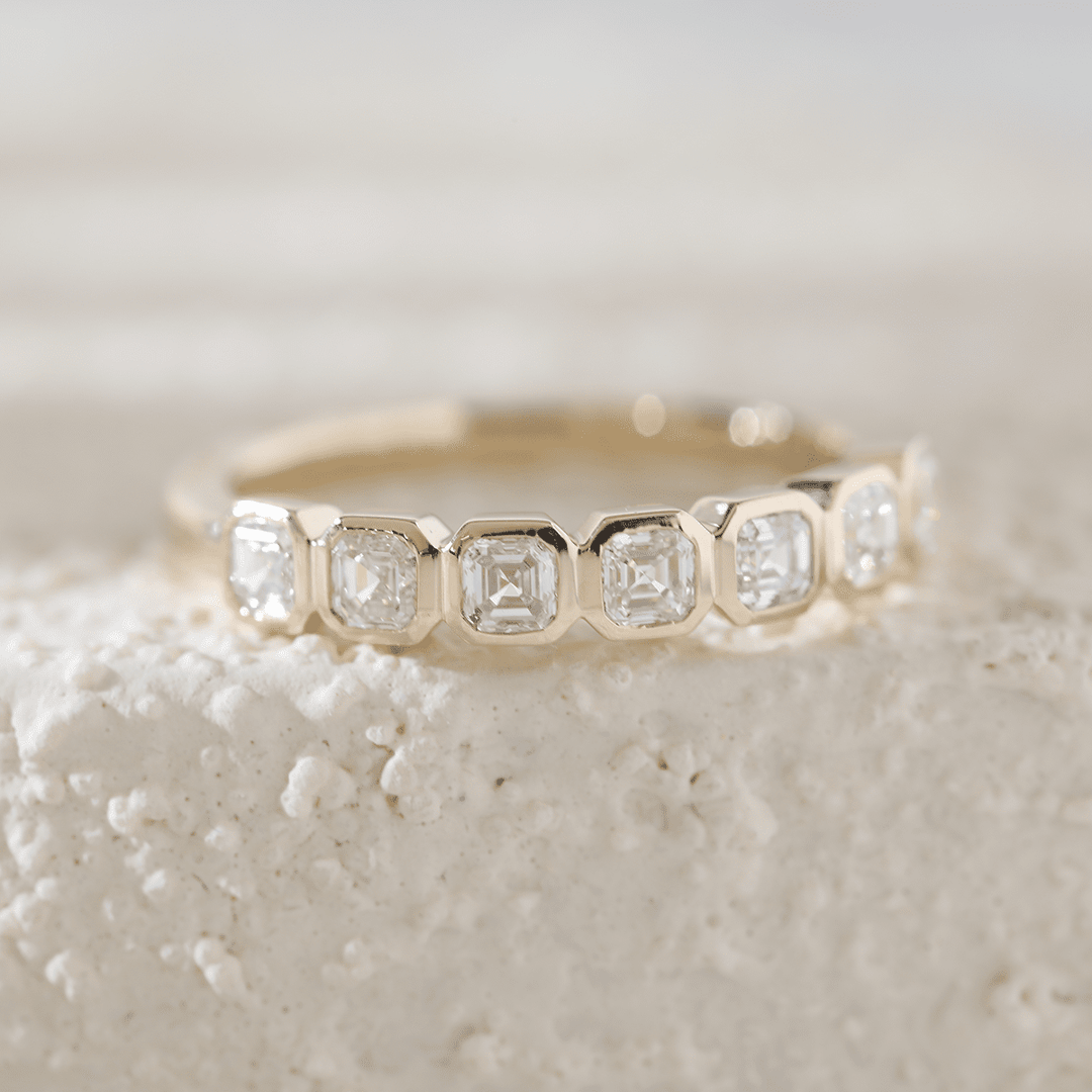 14K Yellow Gold Asscher Cut Lab Diamond 7 Stone Bezel Half Eternity Ring - FIORESE JEWELRY
