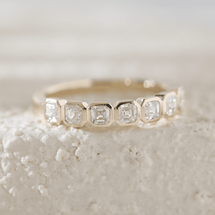 14K Yellow Gold Asscher Cut Lab Diamond 7 Stone Bezel Half Eternity Ring - FIORESE JEWELRY