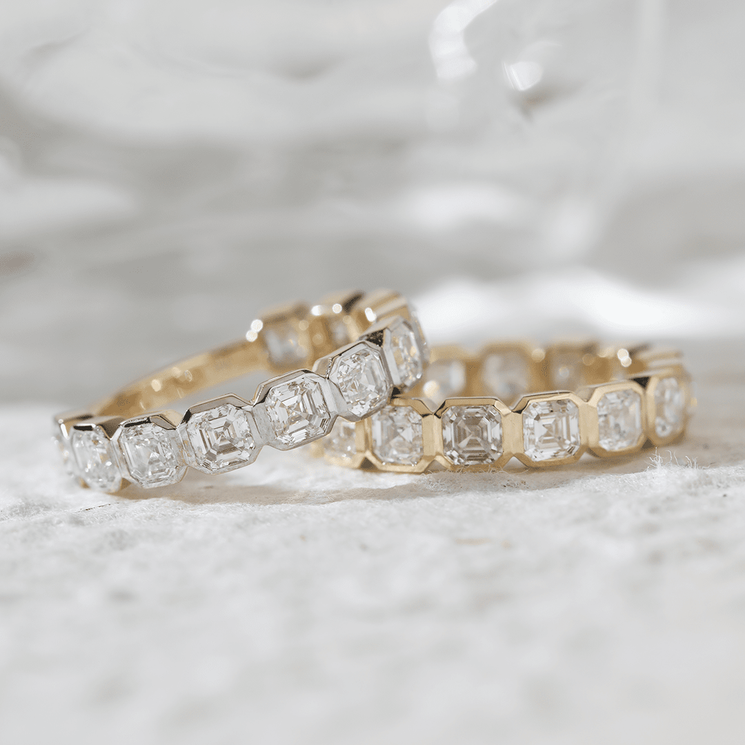 14K Yellow Gold Asscher Cut Lab Diamond Bezel Eternity Ring - FIORESE JEWELRY