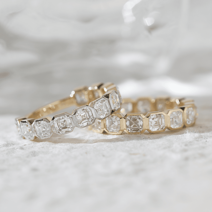14K Yellow Gold Asscher Cut Lab Diamond Bezel Eternity Ring - FIORESE JEWELRY
