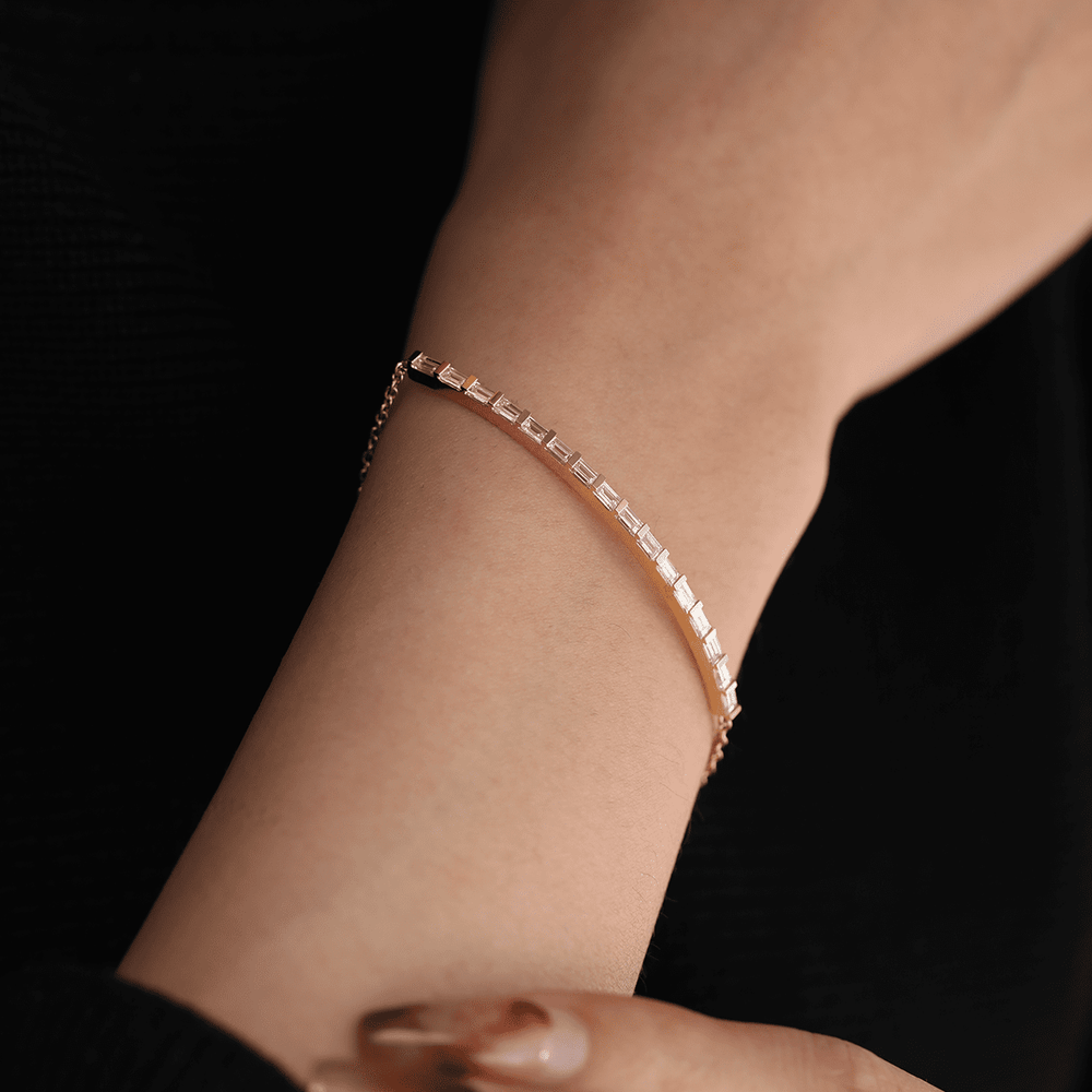 14K Yellow Gold Baguette Cut Lab Diamond Bangle Bracelet - FIORESE JEWELRY