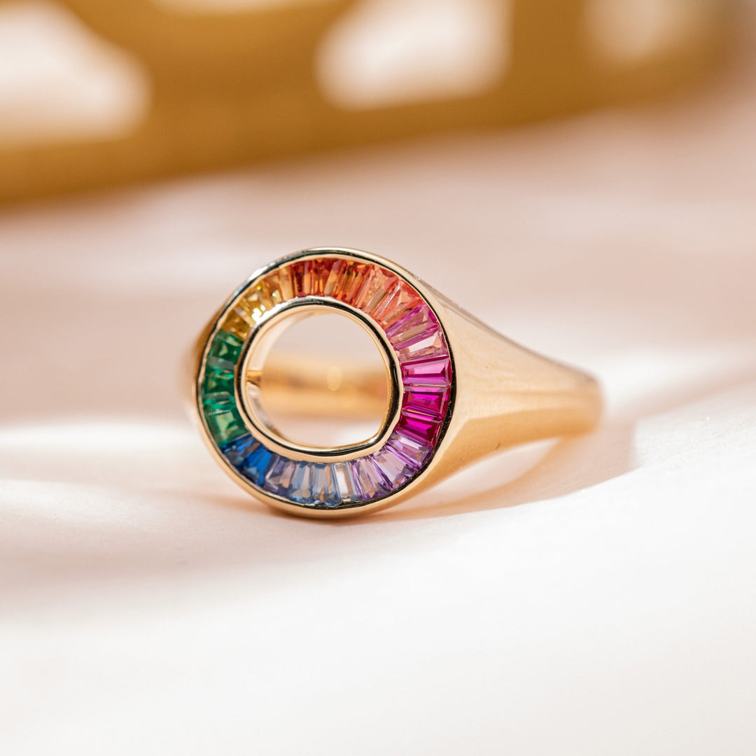 14K Yellow Gold Baguette Cut Rainbow Color Lab Sapphire Channel Setting Sphere Ring - FIORESE JEWELRY