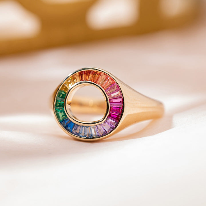 14K Yellow Gold Baguette Cut Rainbow Color Lab Sapphire Channel Setting Sphere Ring - FIORESE JEWELRY