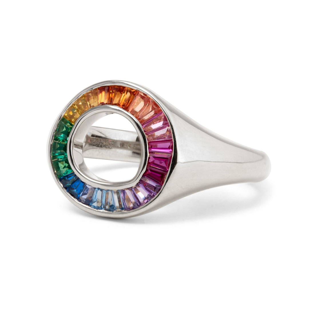 14K Yellow Gold Baguette Cut Rainbow Color Lab Sapphire Channel Setting Sphere Ring - FIORESE JEWELRY