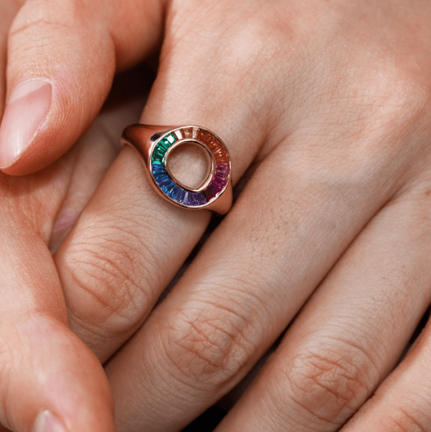 14K Yellow Gold Baguette Cut Rainbow Color Lab Sapphire Channel Setting Sphere Ring - FIORESE JEWELRY