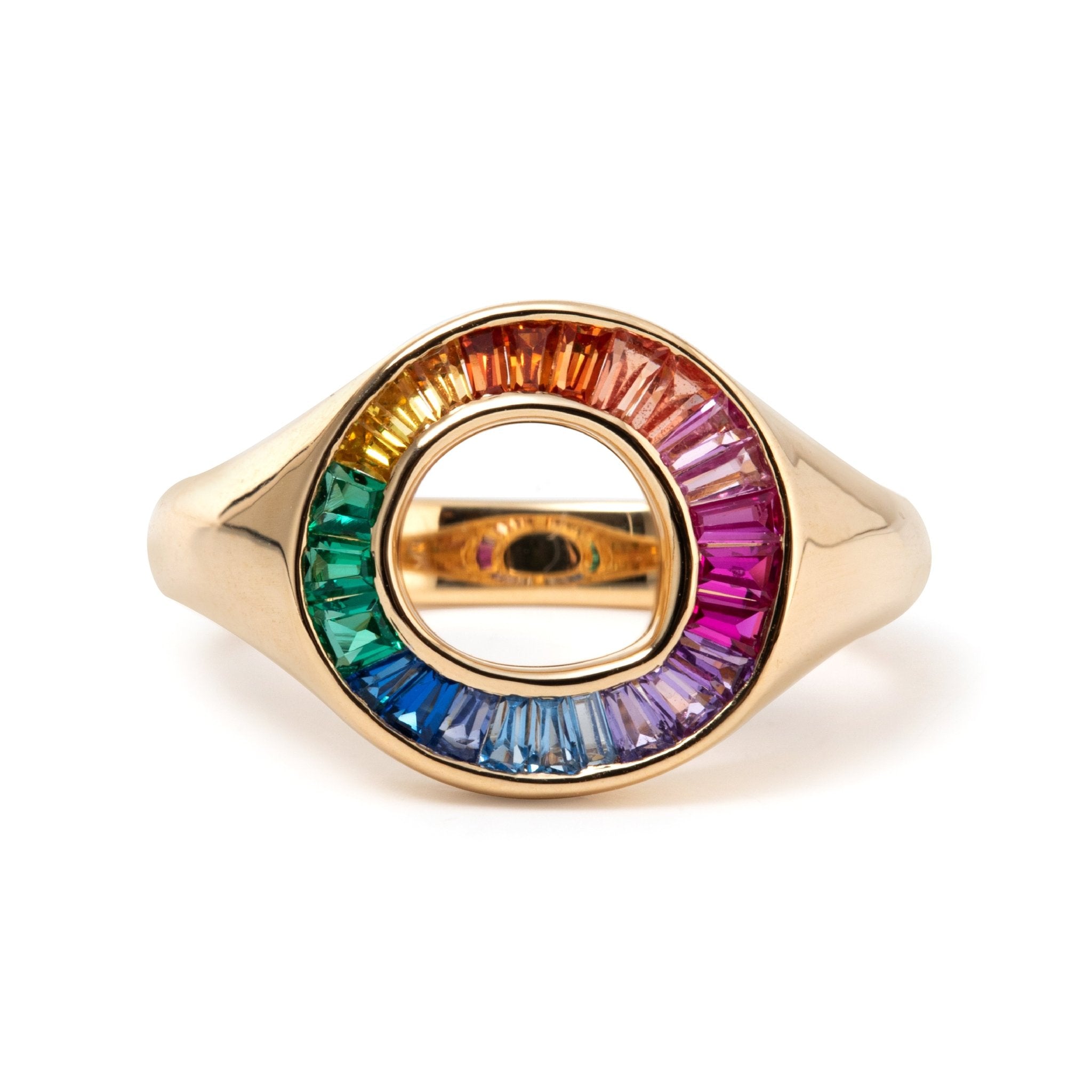 14K Yellow Gold Baguette Cut Rainbow Color Lab Sapphire Channel Setting Sphere Ring - FIORESE JEWELRY