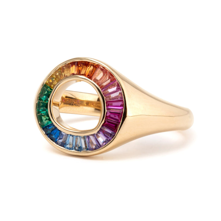 14K Yellow Gold Baguette Cut Rainbow Color Lab Sapphire Channel Setting Sphere Ring - FIORESE JEWELRY