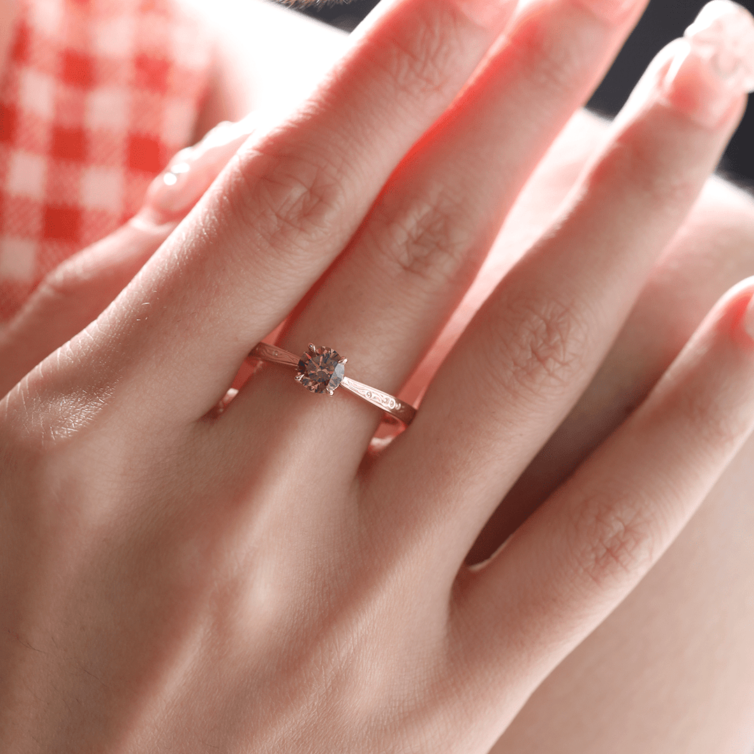 14K Yellow Gold Brown Round Cut Lab Diamond 4 Claw Prong Cathedral Setting Solitaire Ring with Floral Engraving - FIORESE JEWELRY