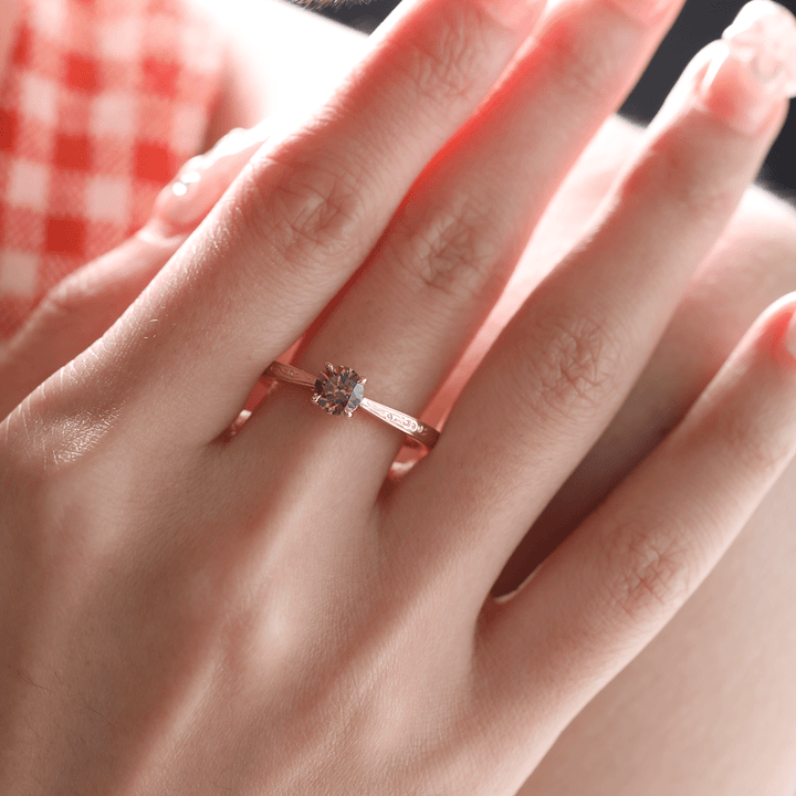 14K Yellow Gold Brown Round Cut Lab Diamond 4 Claw Prong Cathedral Setting Solitaire Ring with Floral Engraving - FIORESE JEWELRY