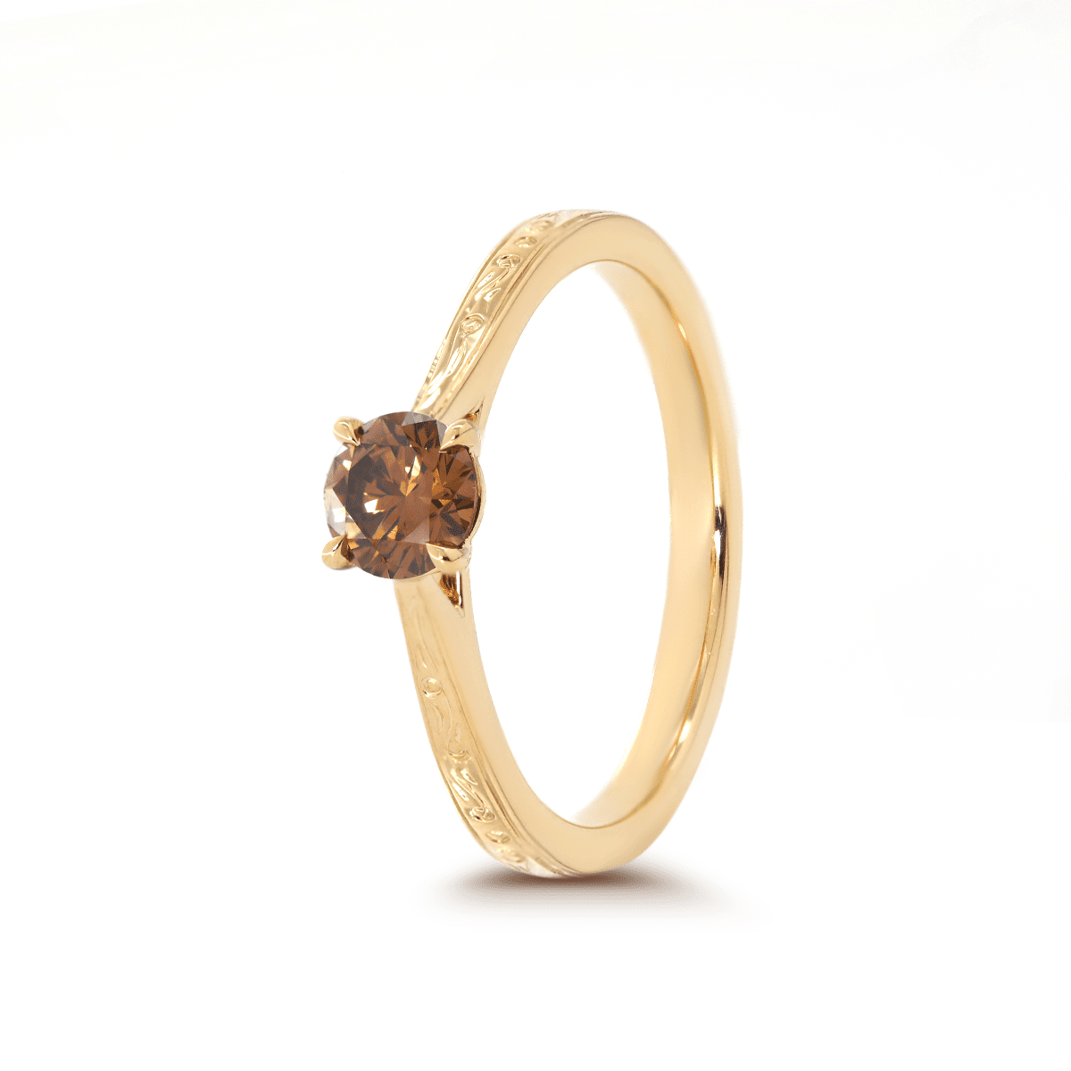 14K Yellow Gold Brown Round Cut Lab Diamond 4 Claw Prong Cathedral Setting Solitaire Ring with Floral Engraving