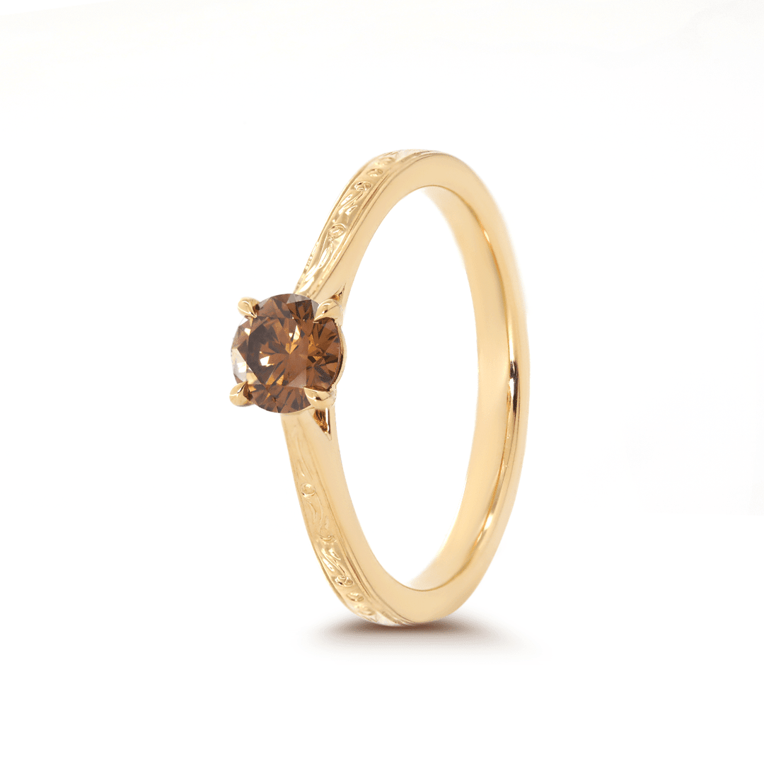 14K Yellow Gold Brown Round Cut Lab Diamond 4 Claw Prong Cathedral Setting Solitaire Ring with Floral Engraving - FIORESE JEWELRY