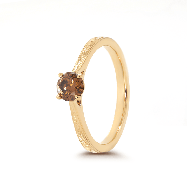 14K Yellow Gold Brown Round Cut Lab Diamond 4 Claw Prong Cathedral Setting Solitaire Ring with Floral Engraving - FIORESE JEWELRY