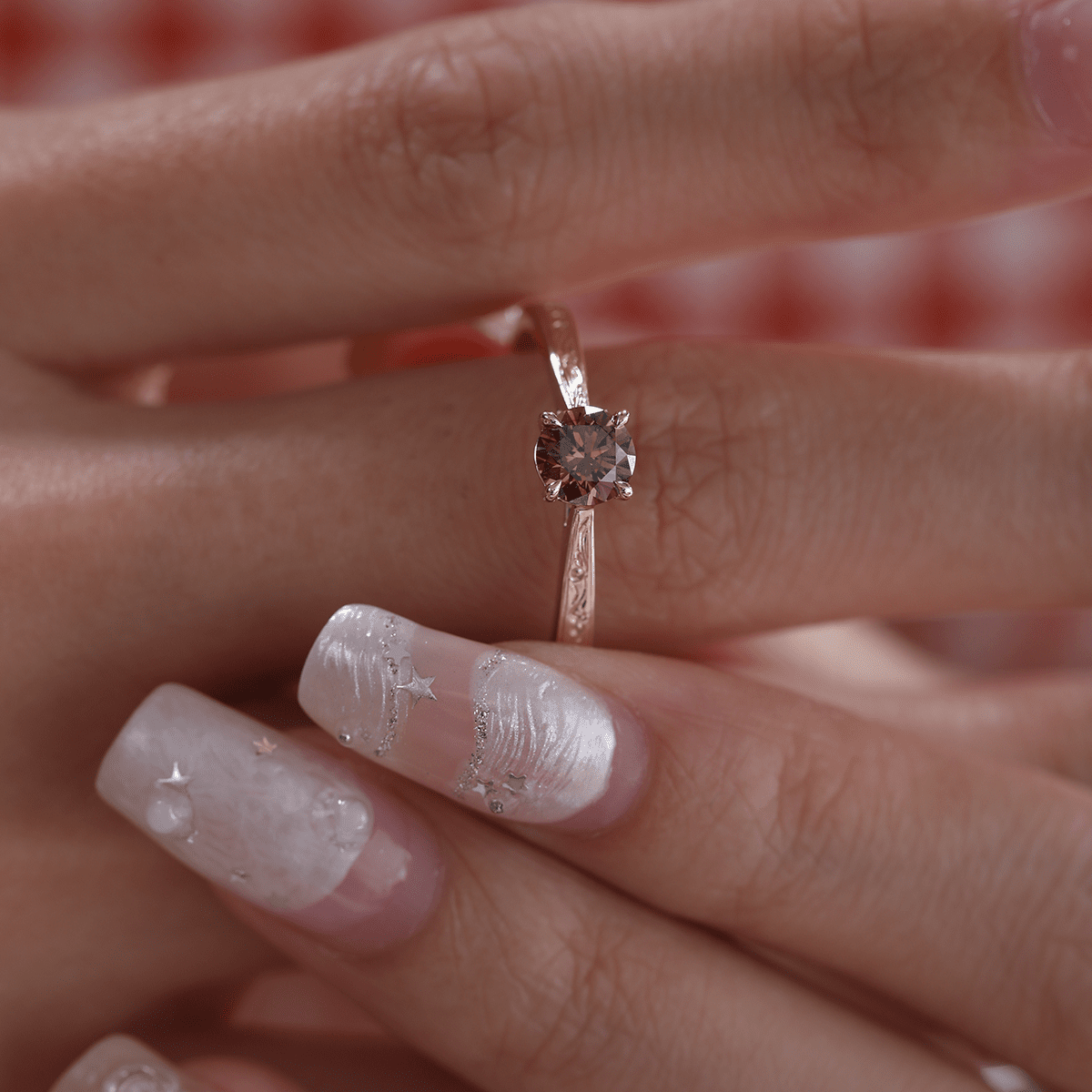 14K Yellow Gold Brown Round Cut Lab Diamond 4 Claw Prong Cathedral Setting Solitaire Ring with Floral Engraving - FIORESE JEWELRY