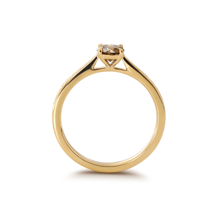 14K Yellow Gold Brown Round Cut Lab Diamond 4 Claw Prong Cathedral Setting Solitaire Ring with Floral Engraving - FIORESE JEWELRY