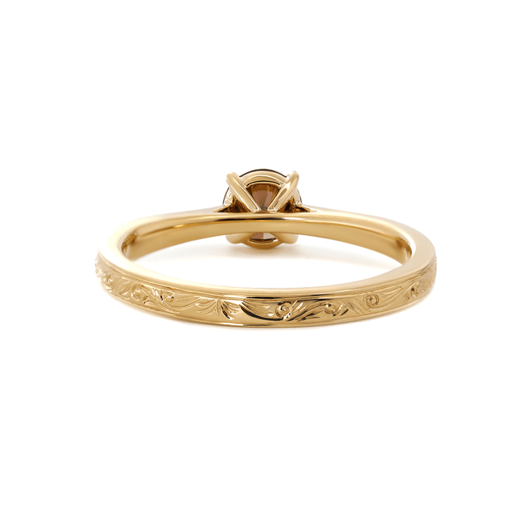 14K Yellow Gold Brown Round Cut Lab Diamond 4 Claw Prong Cathedral Setting Solitaire Ring with Floral Engraving - FIORESE JEWELRY