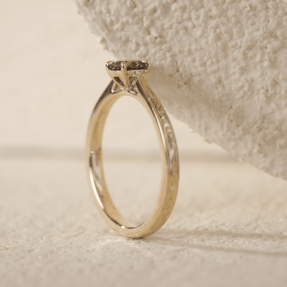 14K Yellow Gold Brown Round Cut Lab Diamond 4 Claw Prong Cathedral Setting Solitaire Ring with Floral Engraving