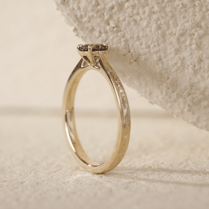 14K Yellow Gold Brown Round Cut Lab Diamond 4 Claw Prong Cathedral Setting Solitaire Ring with Floral Engraving - FIORESE JEWELRY