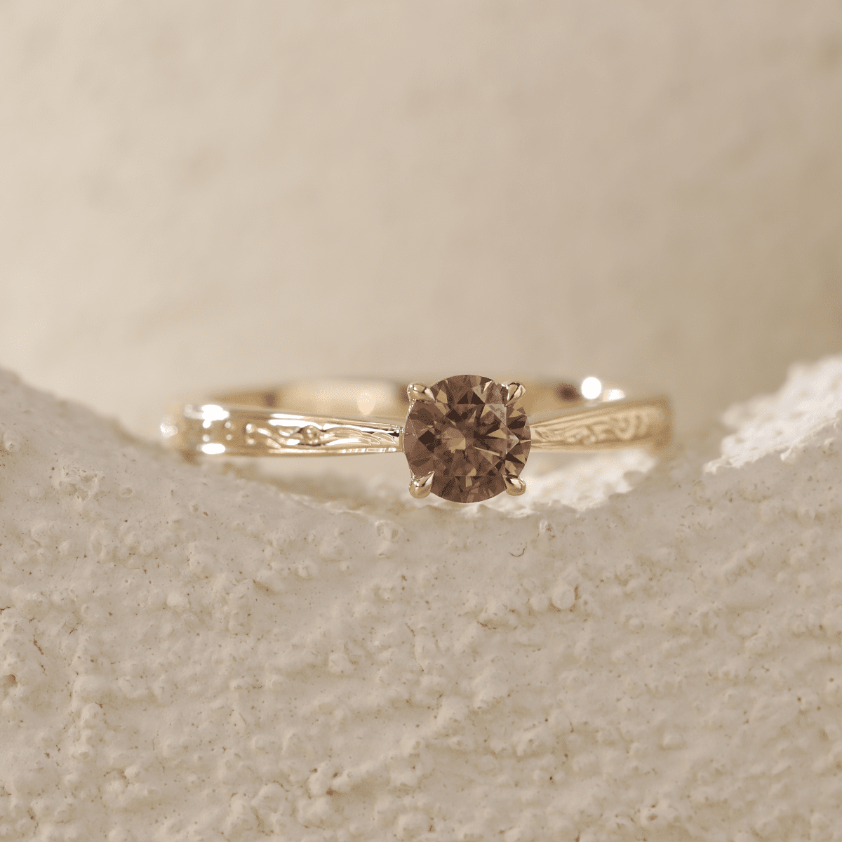 14K Yellow Gold Brown Round Cut Lab Diamond 4 Claw Prong Cathedral Setting Solitaire Ring with Floral Engraving