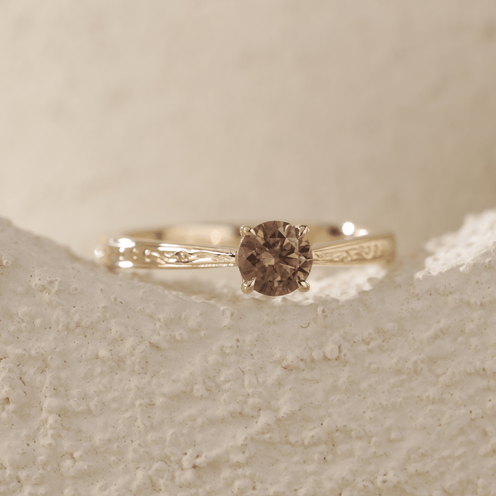 14K Yellow Gold Brown Round Cut Lab Diamond 4 Claw Prong Cathedral Setting Solitaire Ring with Floral Engraving - FIORESE JEWELRY