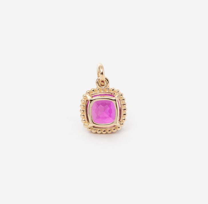 14K Yellow Gold Cushion Lab Pink Sapphire Pendant Necklace