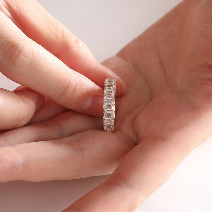 14K Yellow Gold Emerald Cut Lab Diamond Half Bezel Pave Half Eternity Ring - FIORESE JEWELRY