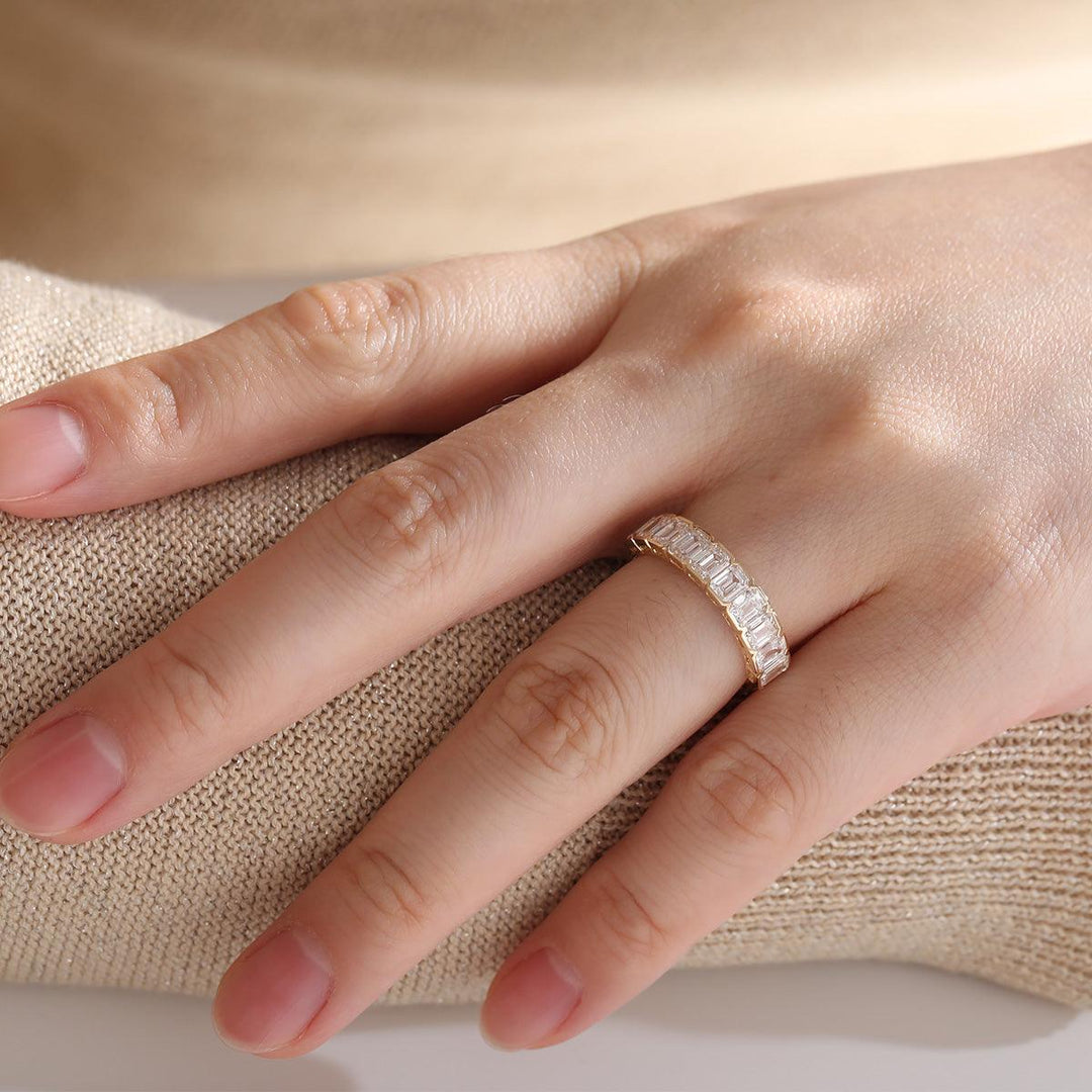 14K Yellow Gold Emerald Cut Lab Diamond Half Bezel Pave Half Eternity Ring - FIORESE JEWELRY