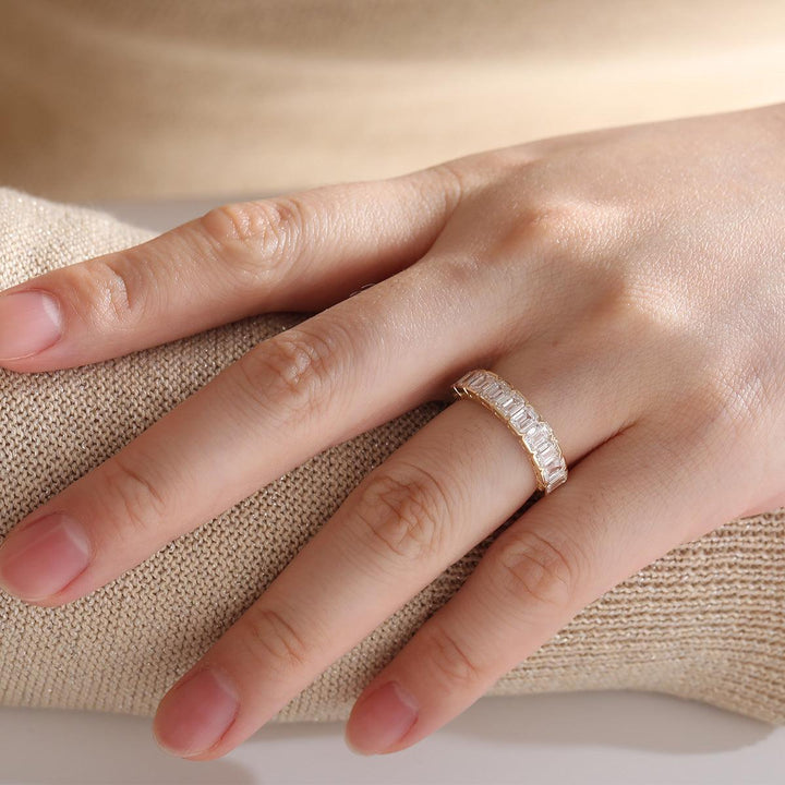 14K Yellow Gold Emerald Cut Lab Diamond Half Bezel Pave Half Eternity Ring - FIORESE JEWELRY