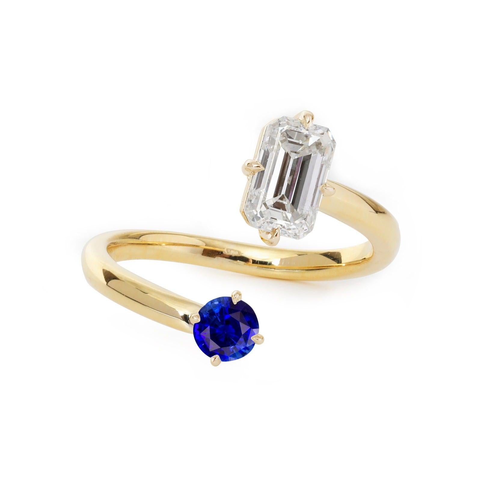 14K Yellow Gold Emerald Cut Lab Diamond & Round Lab Sapphire Toi et Moi Ring - FIORESE JEWELRY