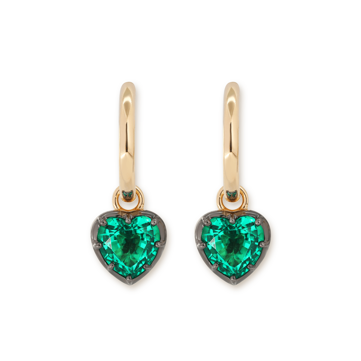 14K Yellow Gold Heart Cut Colombian Lab Emerald Bezel Setting Hoop Earrings with Black Rhodium Plated - FIORESE JEWELRY
