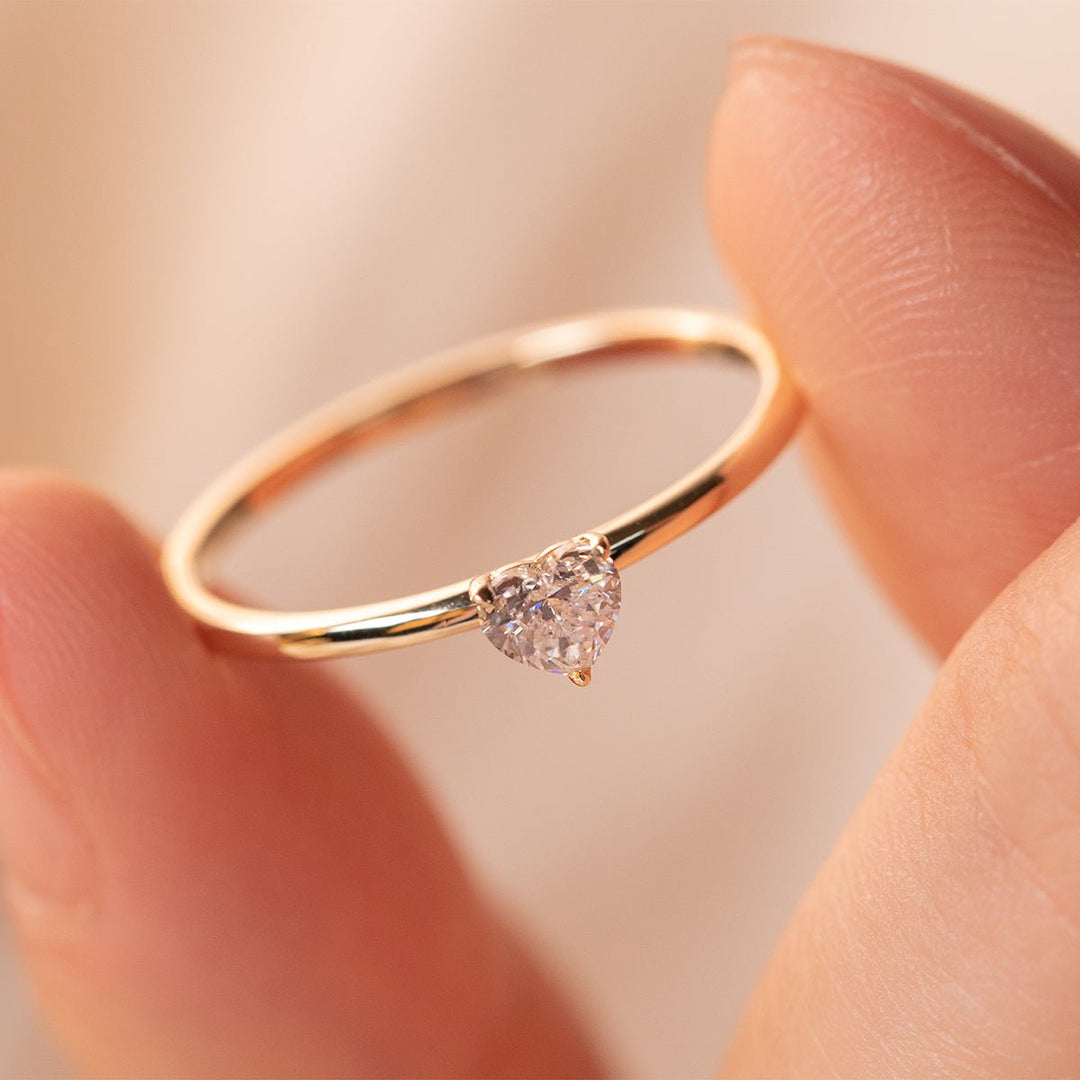 14K Yellow Gold Heart Cut Lab Diamond 3 Prong Basket Setting Slim Band Solitaire Ring - FIORESE JEWELRY
