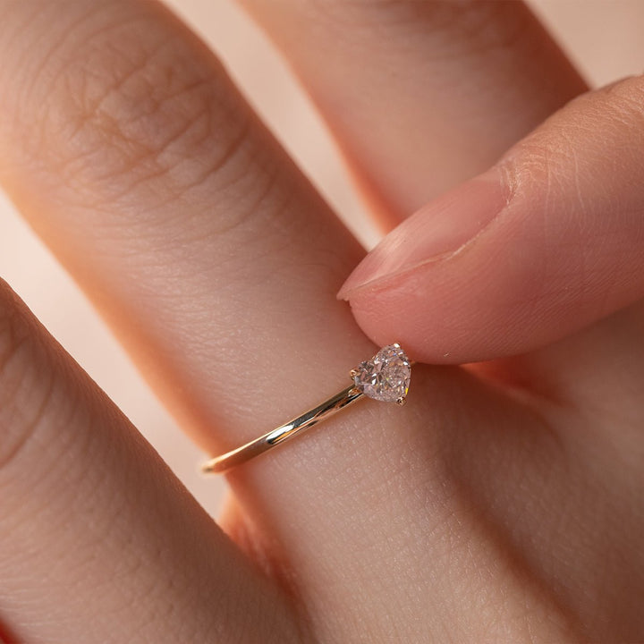 14K Yellow Gold Heart Cut Lab Diamond 3 Prong Basket Setting Slim Band Solitaire Ring - FIORESE JEWELRY