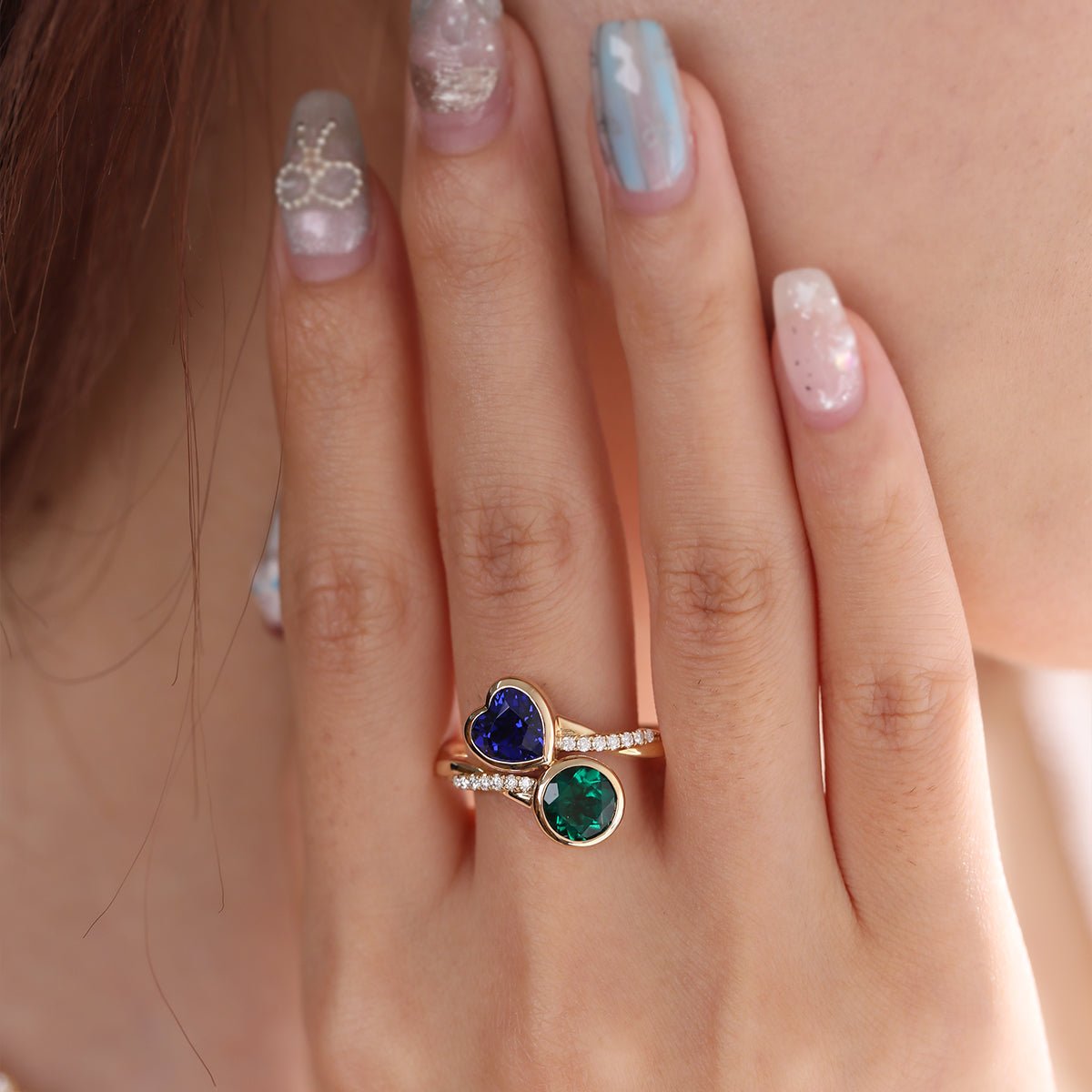 14K Yellow Gold Heart Lab Sapphire and Round Zambian Lab Emerald Toi et Moi Ring with Twist Band - FIORESE JEWELRY