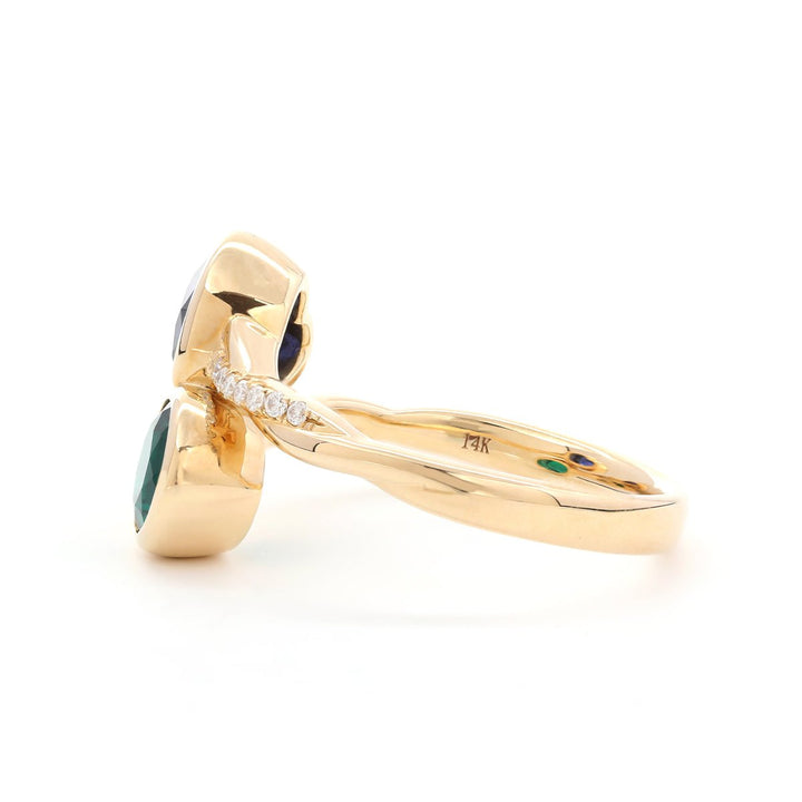 14K Yellow Gold Heart Lab Sapphire and Round Zambian Lab Emerald Toi et Moi Ring with Twist Band - FIORESE JEWELRY
