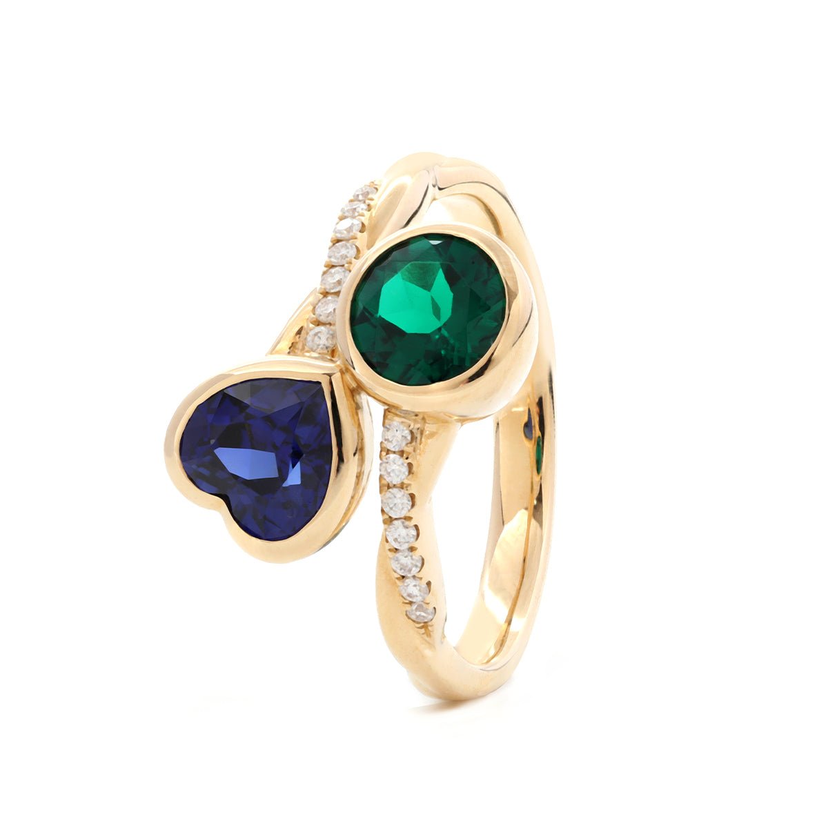 14K Yellow Gold Heart Lab Sapphire and Round Zambian Lab Emerald Toi et Moi Ring with Twist Band