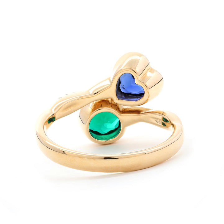 14K Yellow Gold Heart Lab Sapphire and Round Zambian Lab Emerald Toi et Moi Ring with Twist Band - FIORESE JEWELRY