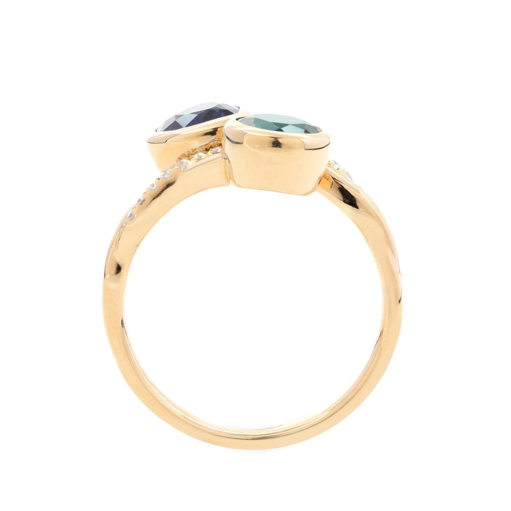 14K Yellow Gold Heart Lab Sapphire and Round Zambian Lab Emerald Toi et Moi Ring with Twist Band - FIORESE JEWELRY