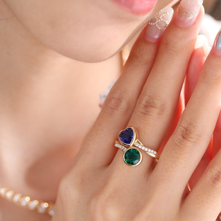 14K Yellow Gold Heart Lab Sapphire and Round Zambian Lab Emerald Toi et Moi Ring with Twist Band - FIORESE JEWELRY