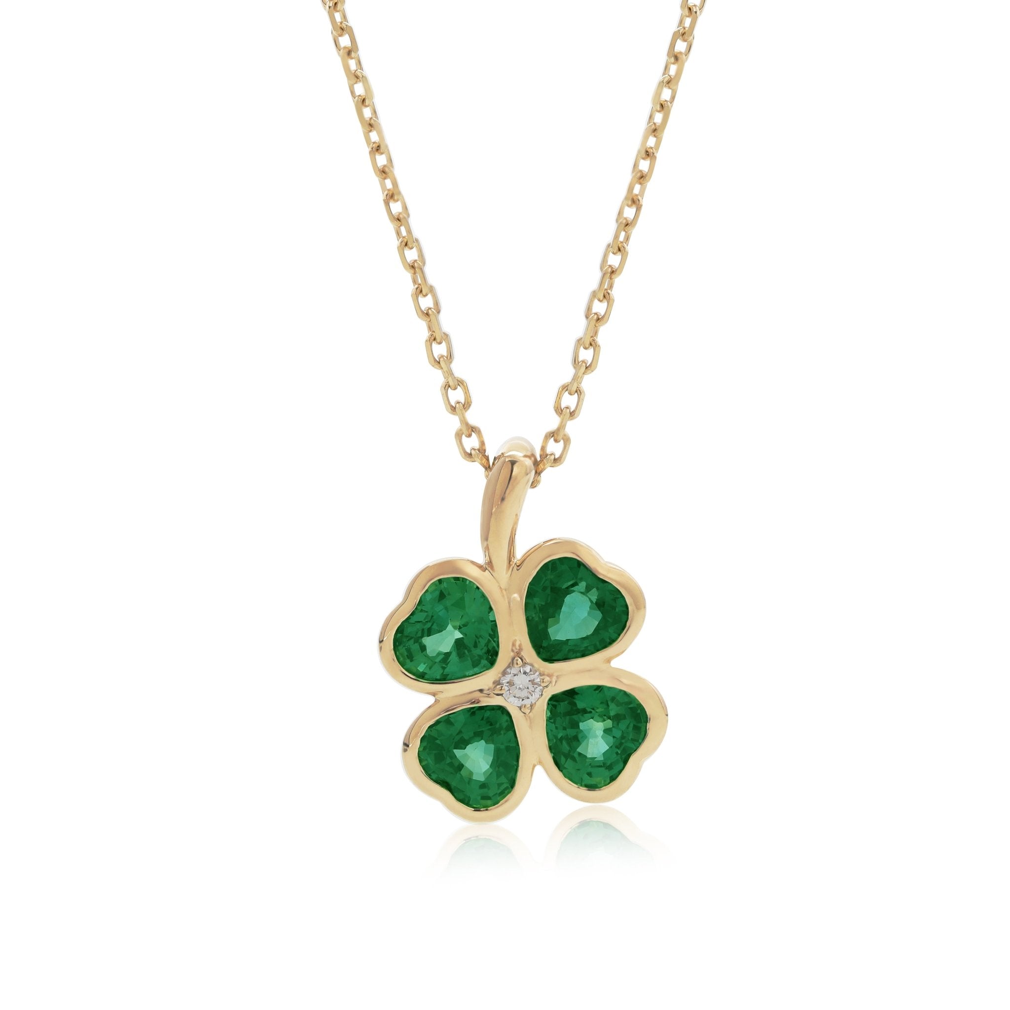14K Yellow Gold Heart Shaped Lab Emerald Four - leaf Clover Bezel Pendant Necklace - FIORESE JEWELRY