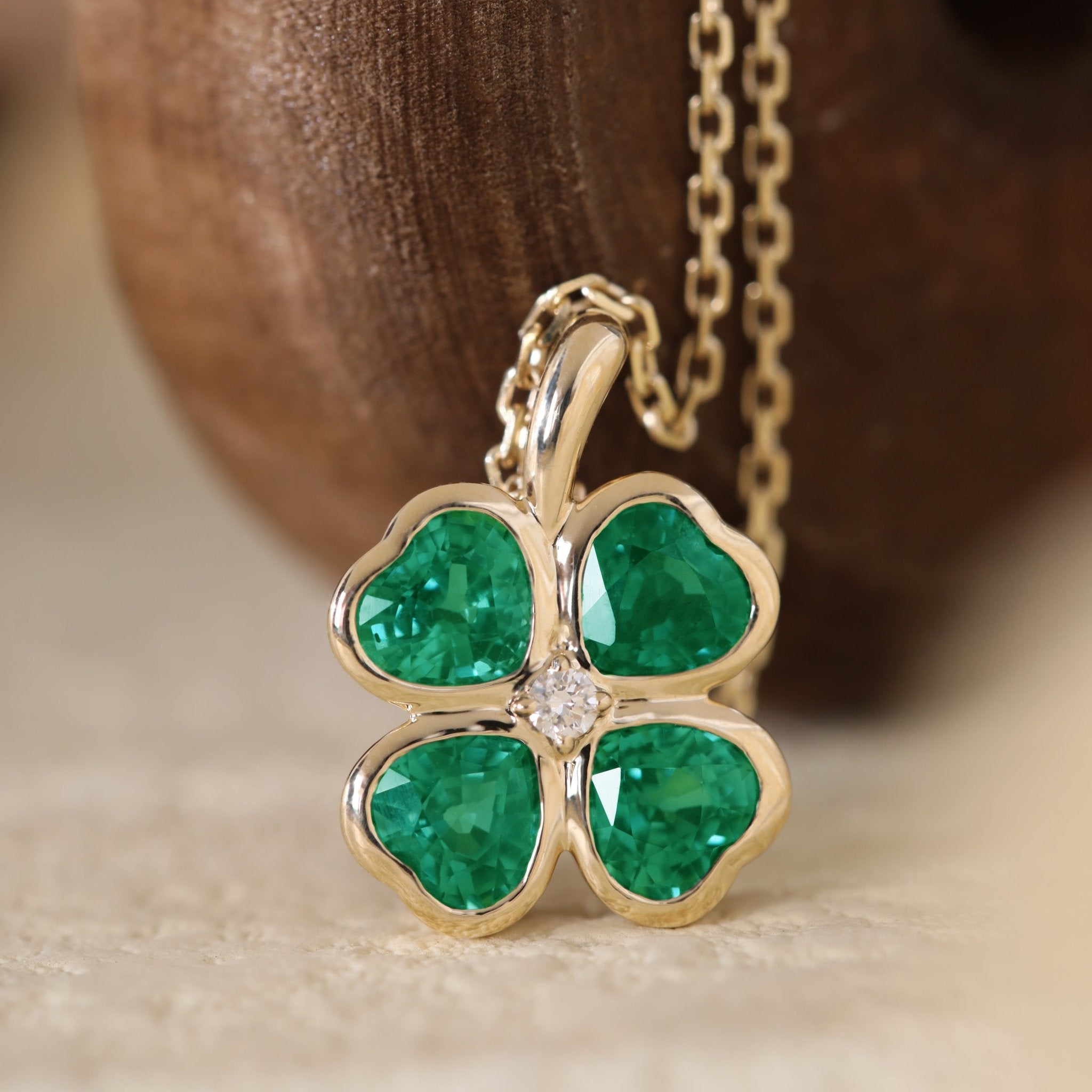 14K Yellow Gold Heart Shaped Lab Emerald Four - leaf Clover Bezel Pendant Necklace - FIORESE JEWELRY